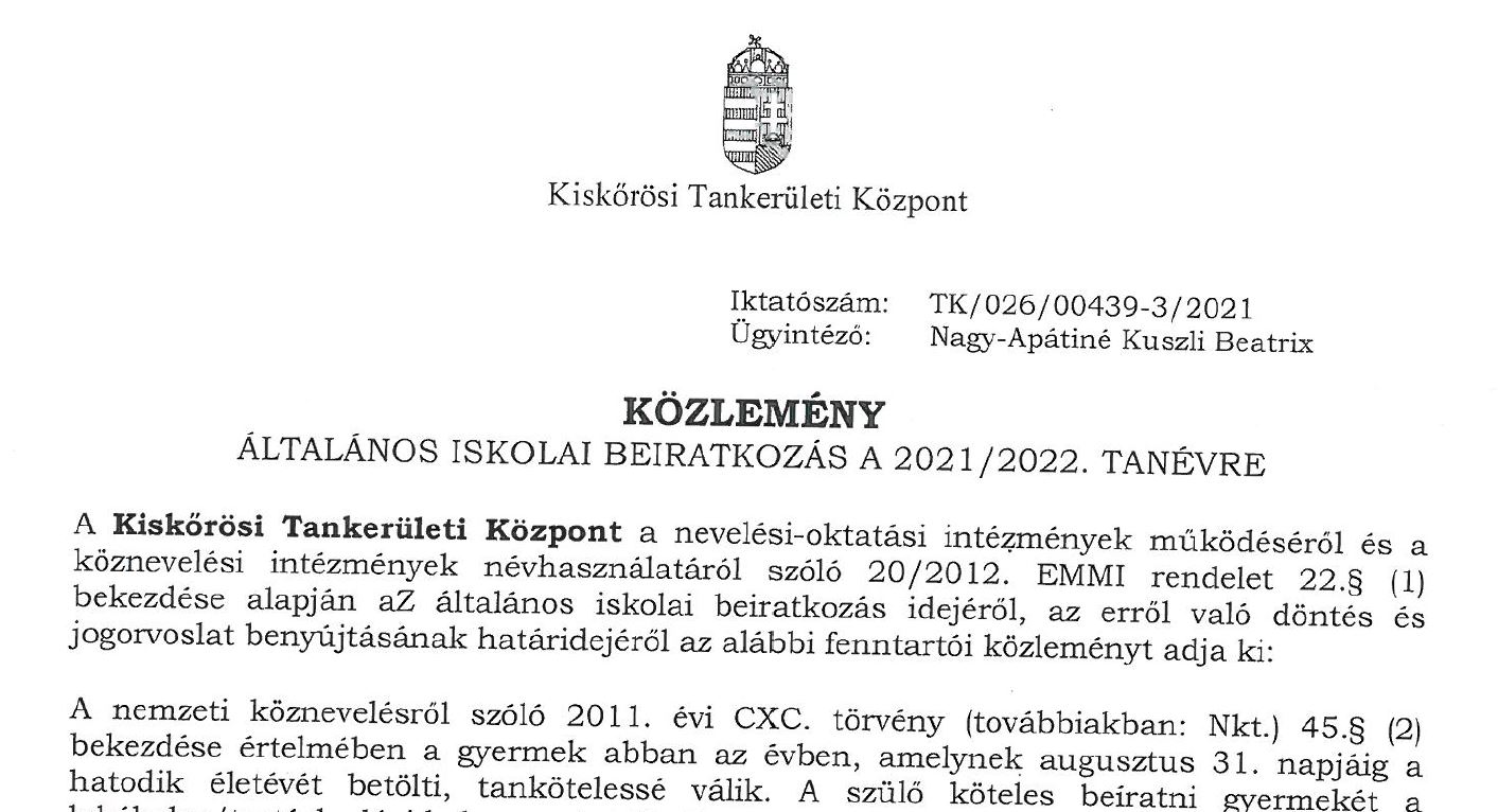 Általános iskolai beiratkozás a 2021/2022 tanévre