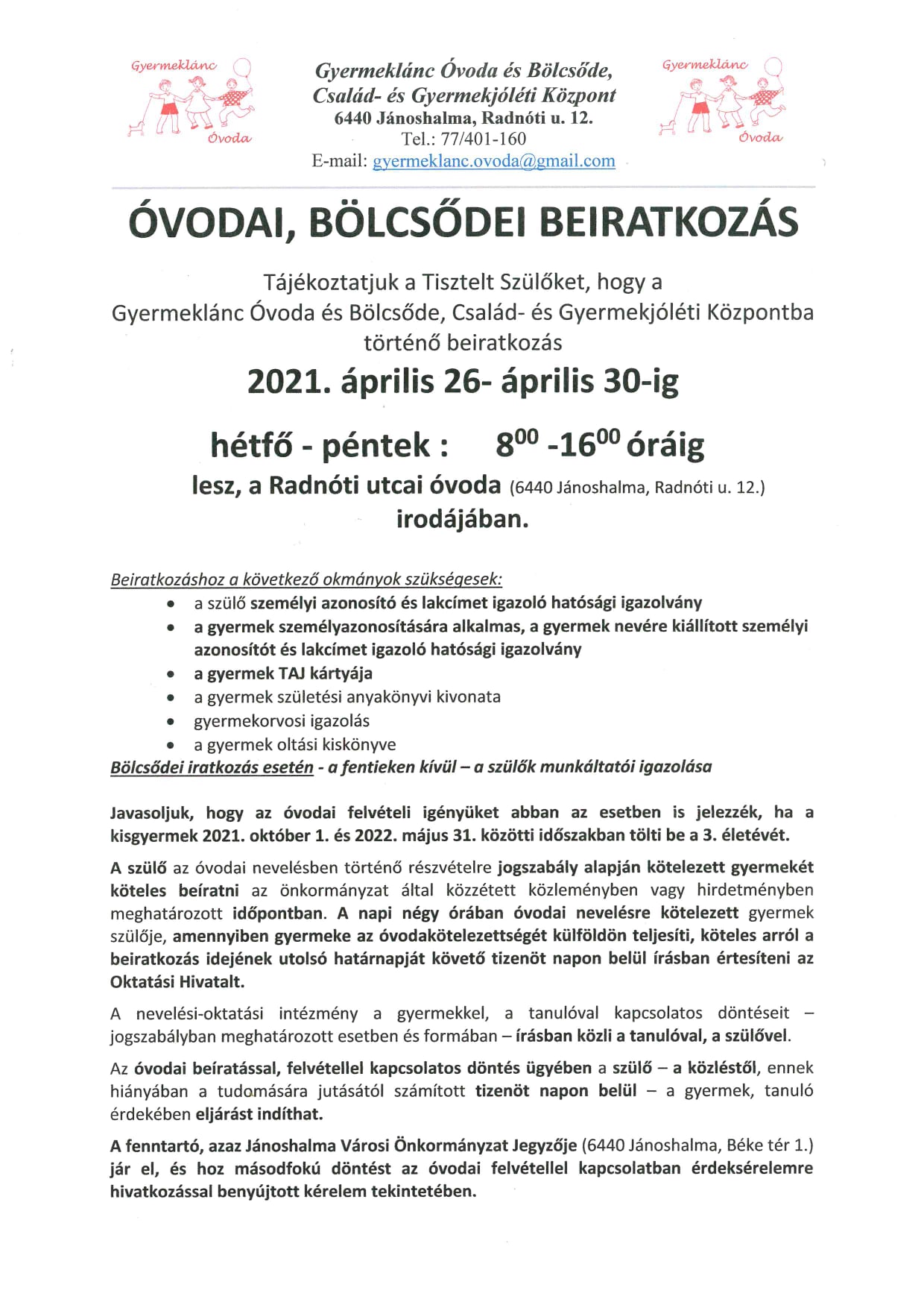 Óvodai, bölcsődei beiratkozás