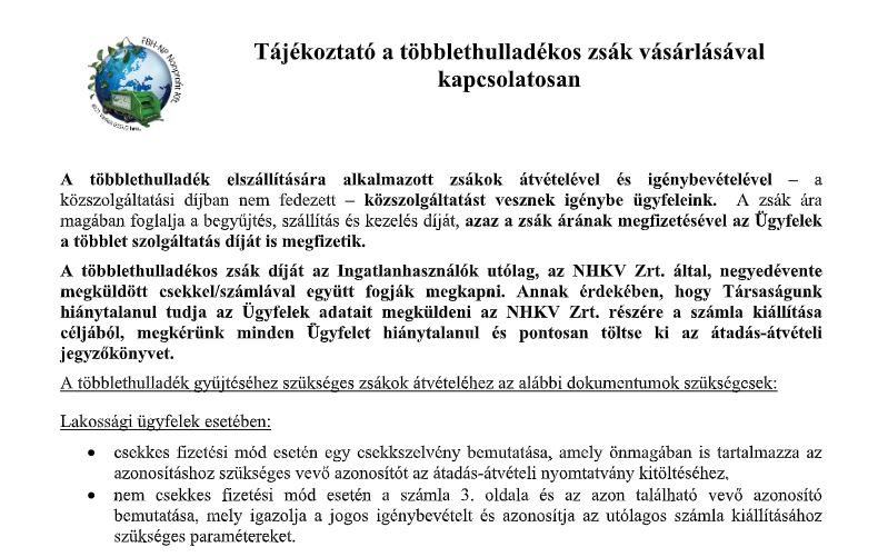 Tájékoztató a többlethulladékos zsák vásárlásáról