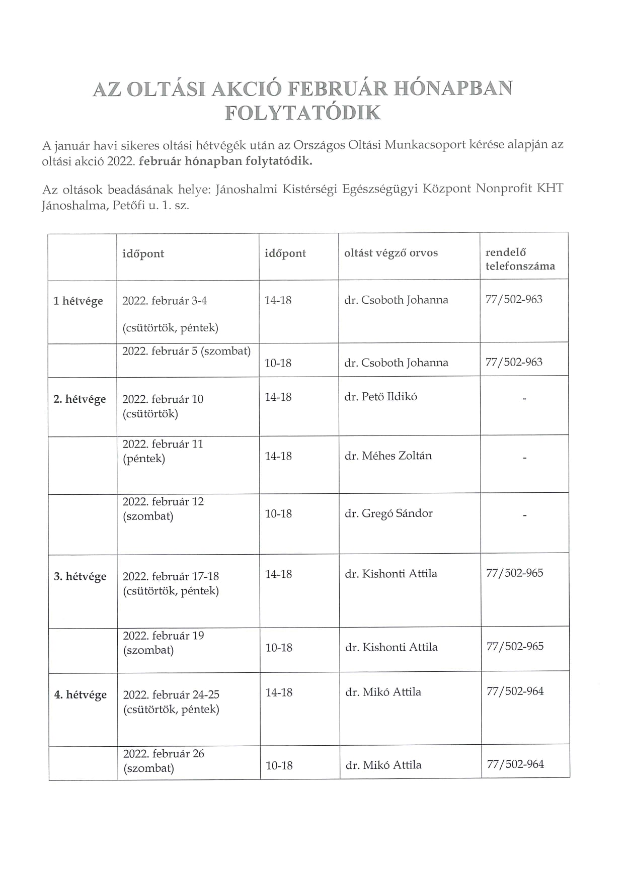 Oltási akció február