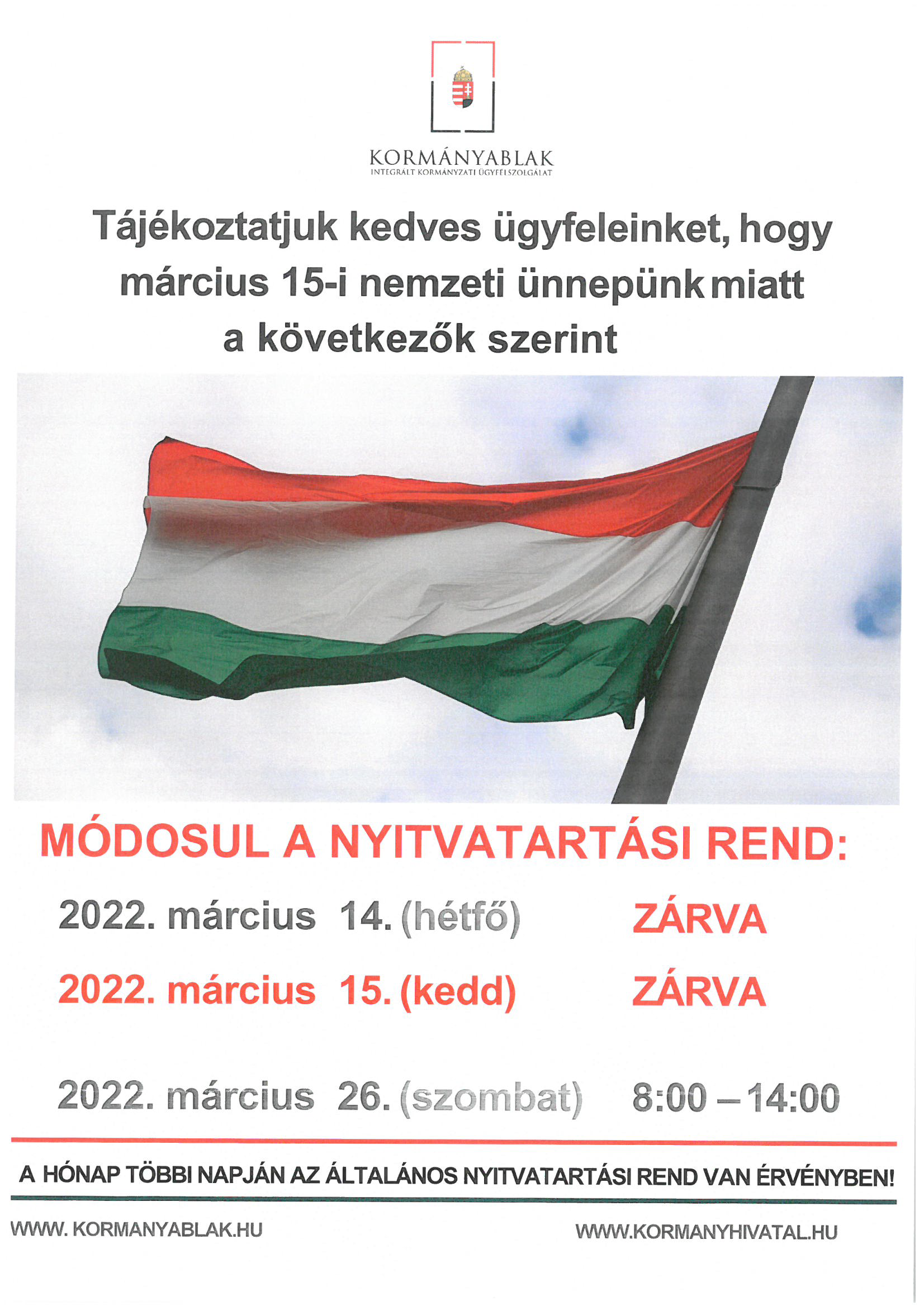 Kormányablak ünnepi nyitvatartás