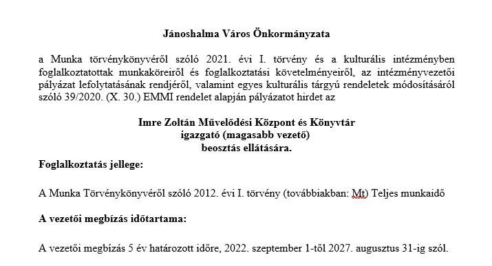 Pályázati felhívás - IZMKK vezetői beosztás ellátása
