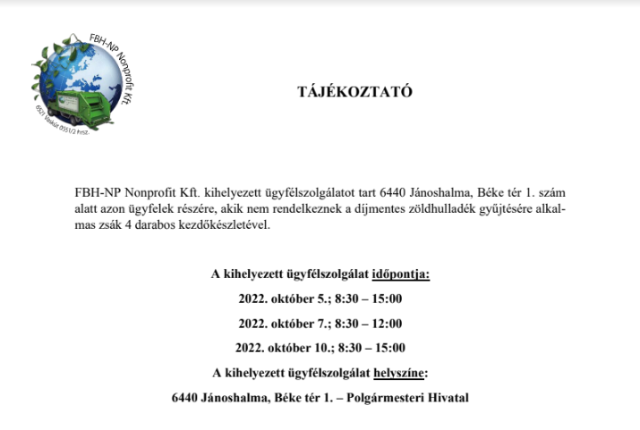 Szemétszállítás kihelyezett ügyfélszolgálati napok