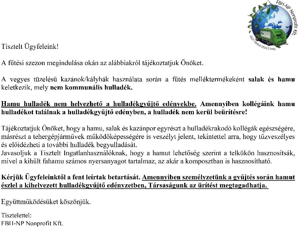 Fűtési szezon - FBH NP tájékoztató