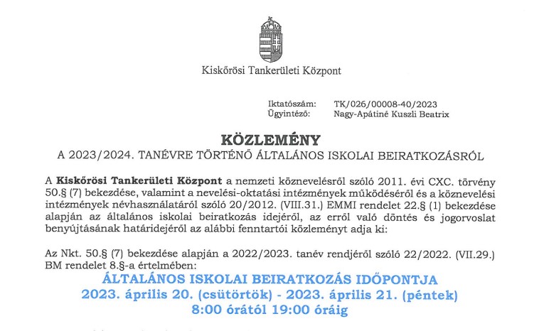 Közlemény általános iskolai beiratkozásról - 2023/2024 tanév