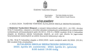Közlemény általános iskolai beiratkozásról - 2023/2024 tanév