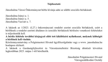 Jánoshalma Városi Önkormányzat bérbe kívánja adni az alábbi szociális bérlakásait