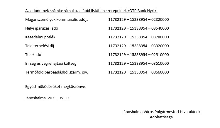 Lakossági tájékoztató számlaszámokról
