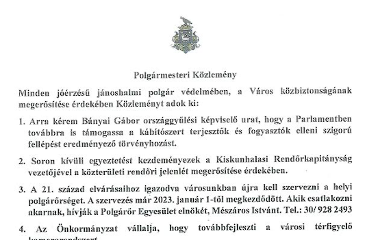 A Város közbiztonságának megerősítése érdekében Közleményt adok ki