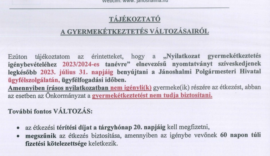 Tájékoztató a gyermekétkeztetés változásairól - Jánoshalma