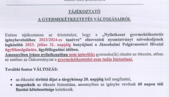 Tájékoztató a gyermekétkeztetés változásairól - Jánoshalma