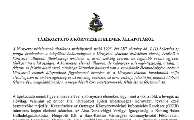 TÁJÉKOZTATÓ A KÖRNYEZETI ELEMEK ÁLLAPOTÁRÓL