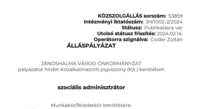 JÁNOSHALMA VÁROSI ÖNKORMÁNYZAT - ÁLLÁSPÁLYÁZAT - SZOCIÁLIS ADMINISZTRÁTOR