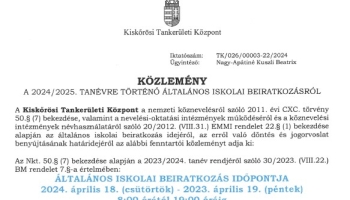 KÖZLEMÉNY - A 2024/2025. TANÉVRE TÖRTÉNŐ ÁLTALÁNOS ISKOLAI BEIRATKOZÁSRÓL