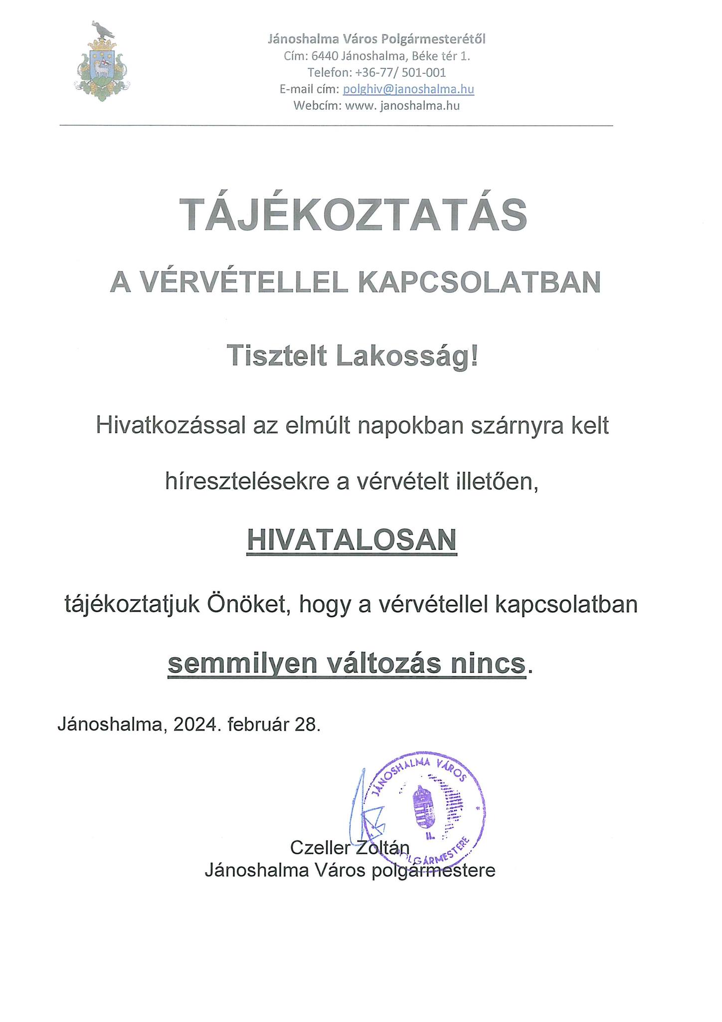 Tájékoztatás a vérvétellel kapcsolatban