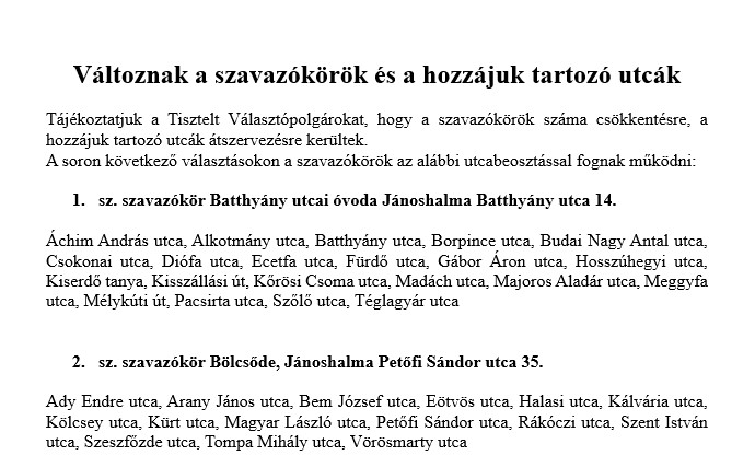Változnak a szavazókörök és a hozzájuk tartozó utcák