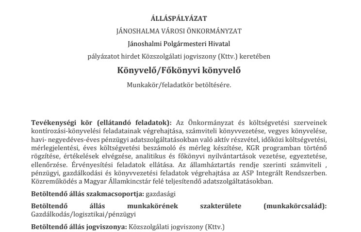 JÁNOSHALMA VÁROSI ÖNKORMÁNYZAT - ÁLLÁSPÁLYÁZAT - KÖNYVELŐ / FŐKÖNYVELŐ