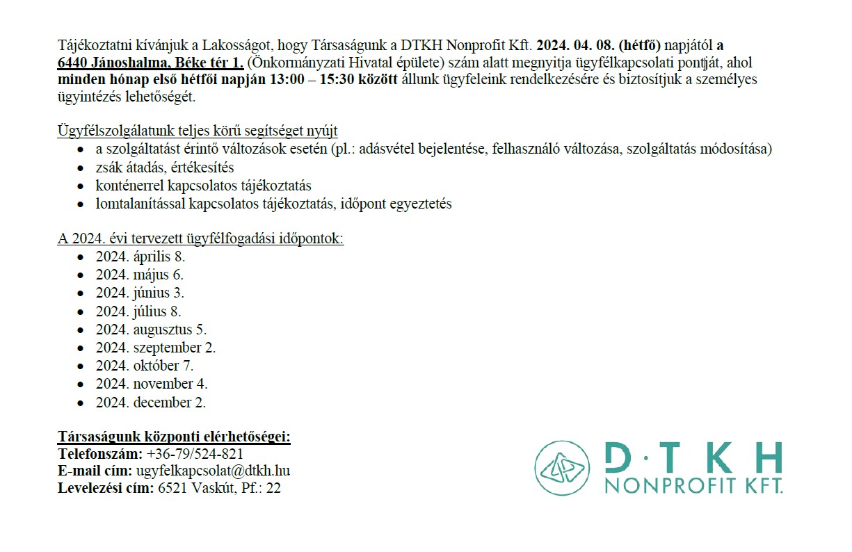 Tájékoztató - DTKH Nonprofit Kft. megnyitja ügyfélkapcsolati pontját