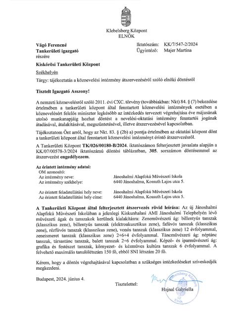 Jó hír a jánoshalmi járás diákjainak, szüleiknek és a művészetek pártolóinak!