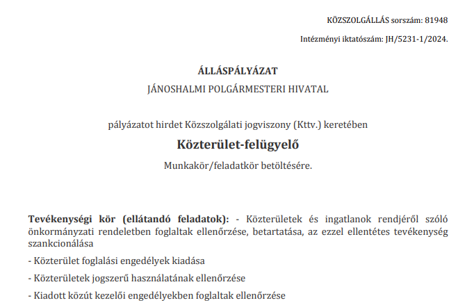 Álláspályázat - Közterület-felügyelő