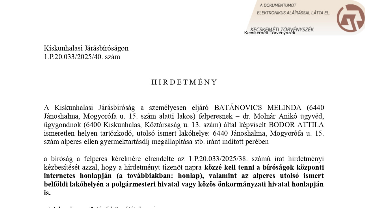 Hirdetmény 1.P.20.033/2025.